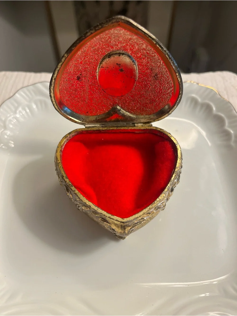 Heart-Shaped Vintage Silver and Gold Trinket Box with Portrait